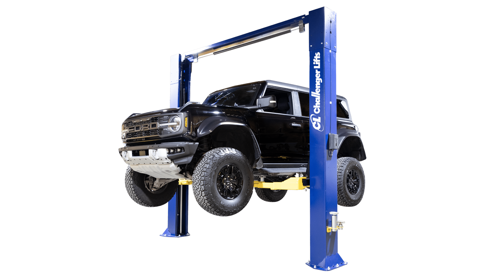 Challenger CL10AV3 two-post lift raising a pickup truck
