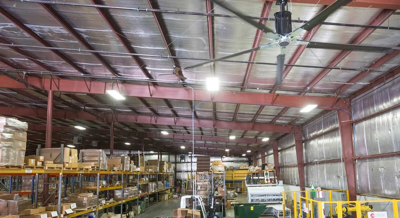 Epic Fans Brevis 3-Blade Industrial Ceiling Fan installed in a large open facility